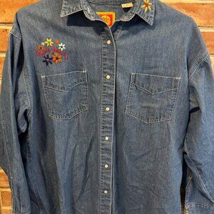 Pepe Jeans Womens Embroidered Denim Button-Up Shirt W/Floral Details 90s